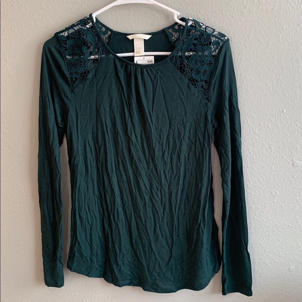 H & M Dark Green Long Sleeve Top with Lace Detail